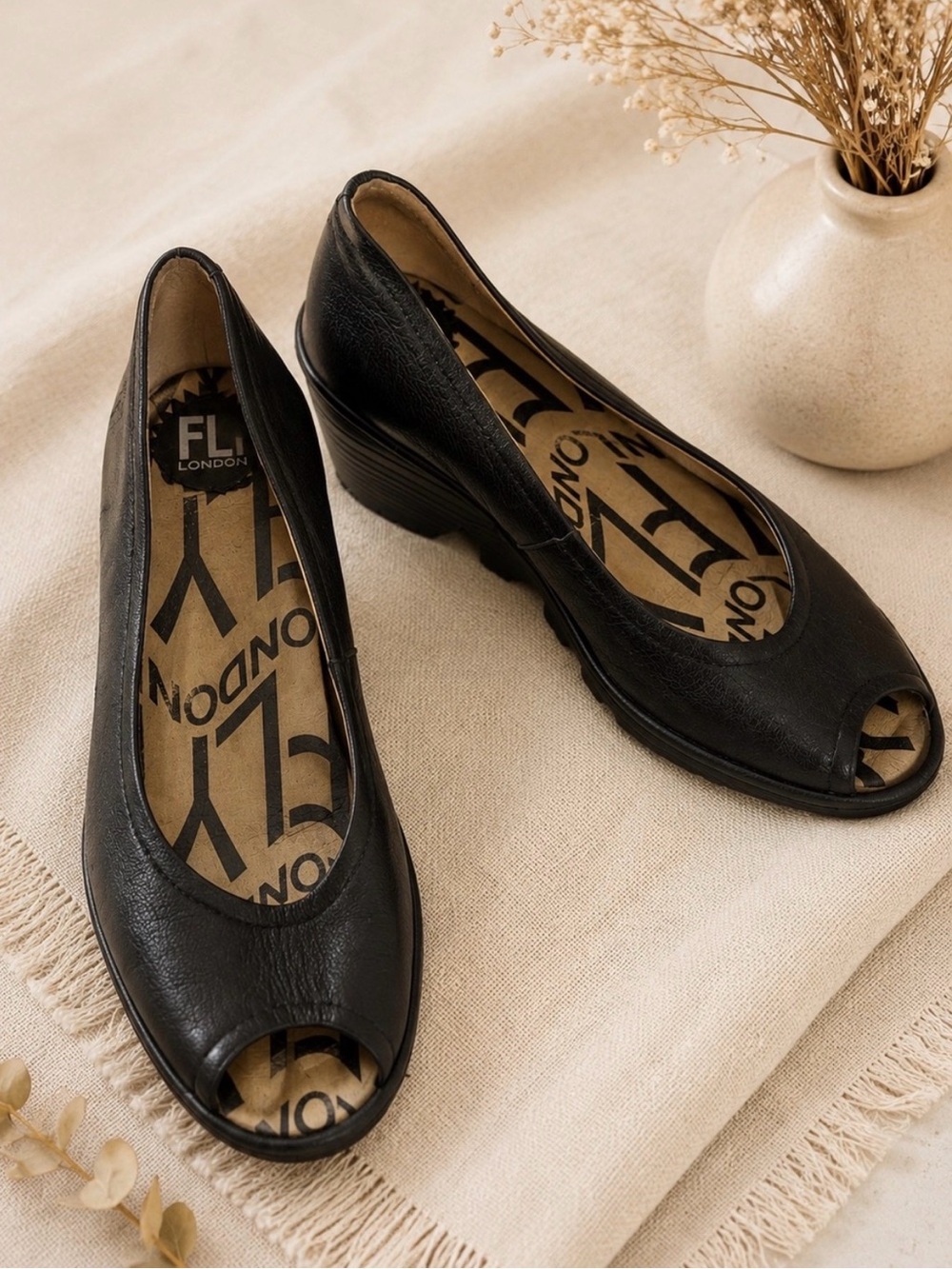 FLY London Black Peep Toe
Low Wedge Pumps Size 39 / 8.5
Chunky Statement Comfort